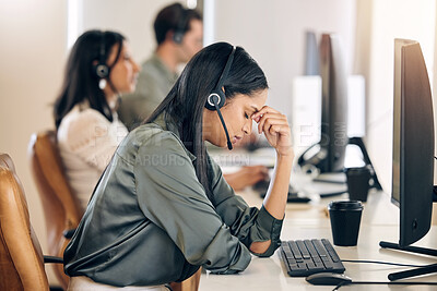 Buy stock photo Call center, stress and woman tired at computer for customer service, crm or telemarketing. Consultant or agent person with depression, headache and burnout for sales, contact us or help desk support