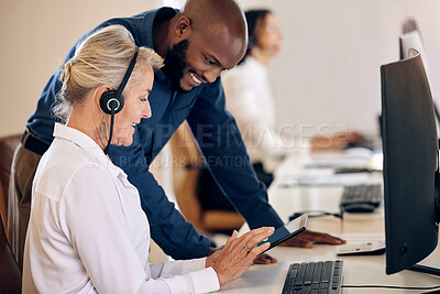 Buy stock photo Call center, tablet and manager with a woman for customer service, crm or telemarketing training. Consultant or agent talking to a team leader man with tech for sales, contact us or help desk support