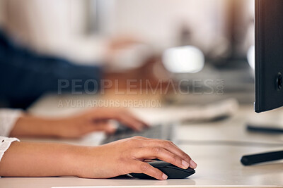 Buy stock photo Work, email and hands on a computer mouse for business, internet or search for information online. Corporate, connection and a business person at a desk on a pc for secretary or receptionist job