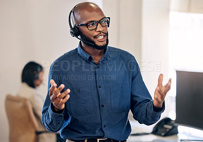Buy stock photo Call center, talking and black man with headset for customer service, crm or telemarketing support. African person, consultant or agent talk on microphone for sales, contact us or help desk advice
