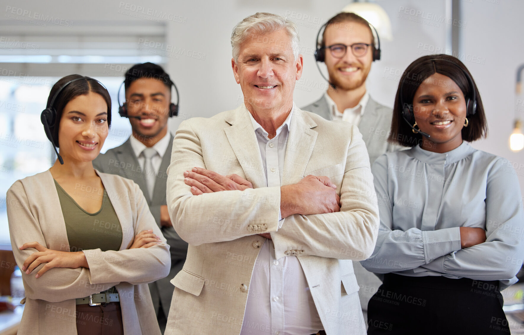 Buy stock photo Arms folded, teamwork and portrait of businessman with diversity in call center for training. Happy, ceo and collaboration in office for seminar and telemarketing in workplace with pride for company