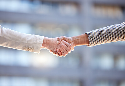 Buy stock photo Business people, closeup and handshake for agreement, b2b deal and cooperation for project. Shaking hands, contract and employees with teamwork, greeting and thank you for promotion and negotiation