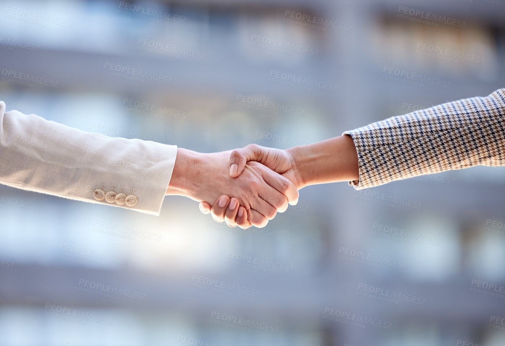 Buy stock photo Business people, closeup and handshake for agreement, b2b deal and cooperation for project. Shaking hands, contract and employees with teamwork, greeting and thank you for promotion and negotiation