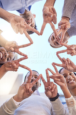 Buy stock photo Business people, hands and finger with star below in unity, collaboration or motivation with blue sky. Low angle, closeup or young group touching in shape, solidarity or community for outdoor synergy