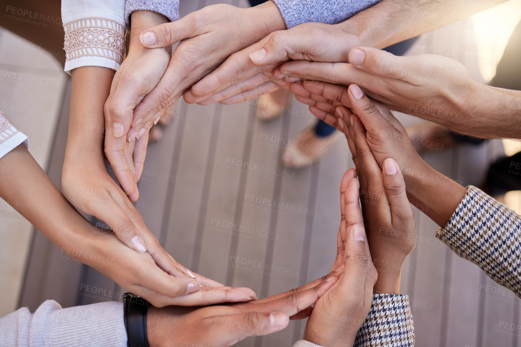 Buy stock photo People, circle and hands together with team above for unity, motivation or community in city. Top view of group touching in huddle, union or solidarity for collaboration or synergy on outdoor porch