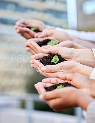 Buy stock photo Teamwork, hands and plants for sustainable business, growth and earth day project outdoor. People with soil, fertilizer or sprout in palm for support in eco friendly investment, green future or hope