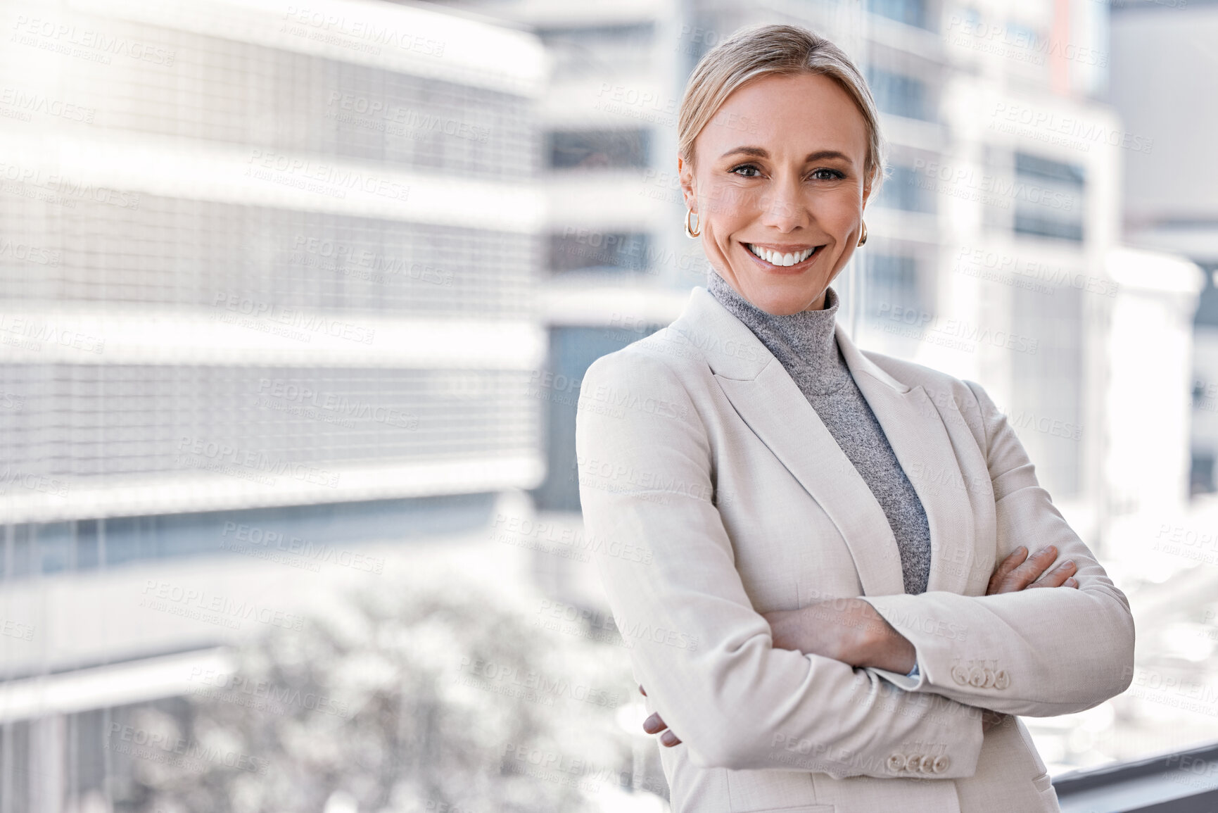 Buy stock photo Portrait, smile and business with woman, arms crossed and happiness with confidence, pride or career ambition. Face, New York city or employee with joy, accounting or corporate with financial advisor