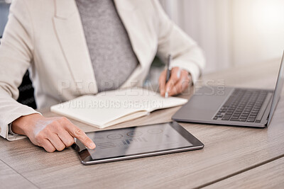Buy stock photo Shot of a businesswoman planning while using her digital tablet and laptop