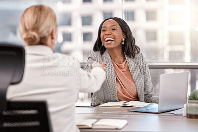 Buy stock photo Young, businesswoman and shake hands or interview for new job or meeting management and in the office. Partnership, human resource and female worker hired or success or team approved in the workplace