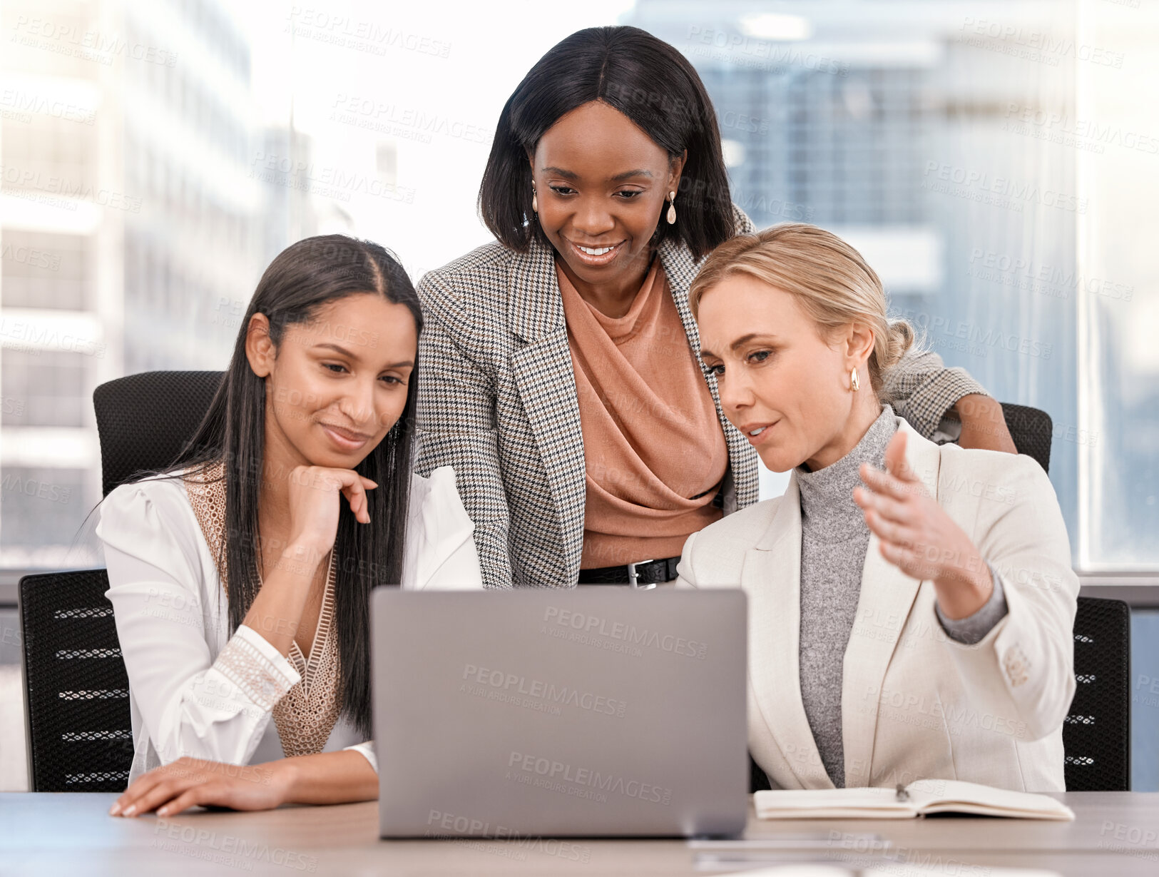 Buy stock photo Teamwork, laptop and women consulting in office, collaboration and feedback on ideas or proposal. Business people, communication and website for legal research, lawyers and support for online project