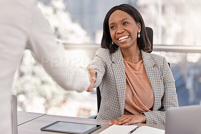 Buy stock photo Young, businesswoman and shake hands or welcome management or interview for new job and in the office. Partnership, human resource and female worker hired or meeting or deal approved in the workplace