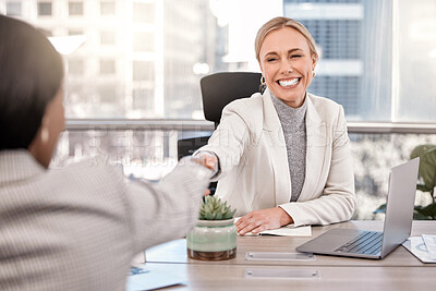 Buy stock photo Smile, businesswoman and shake hands or interview for new job or hired and in the office. Partnership, human resource and female worker meeting or staff agreement or approve and team in the workplace