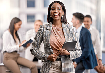 Buy stock photo Black woman, business leader and tablet outdoor with a smile for communication, networking and research. Portrait of female entrepreneur in city with tech, team and network connection for management