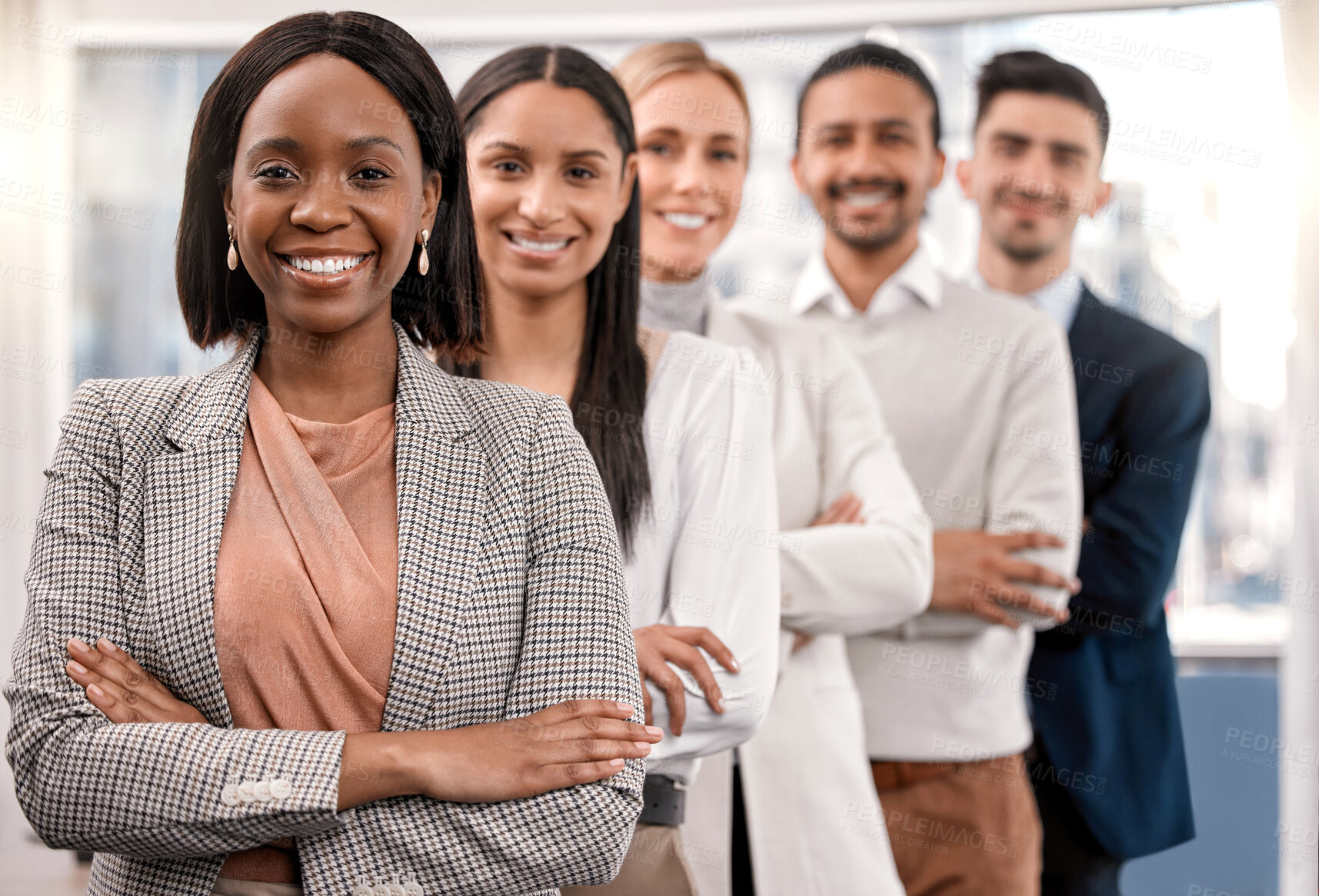 Buy stock photo Office, team and portrait of business people with crossed arms for about us, collaboration and partnership. Corporate, diversity and men and women in row for professional career, company and pride