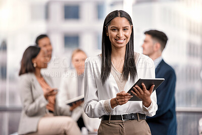 Buy stock photo Happy woman, leader and tablet outdoor for business with a smile for communication, networking and research. Portrait of female entrepreneur with tech, team and network connection for management