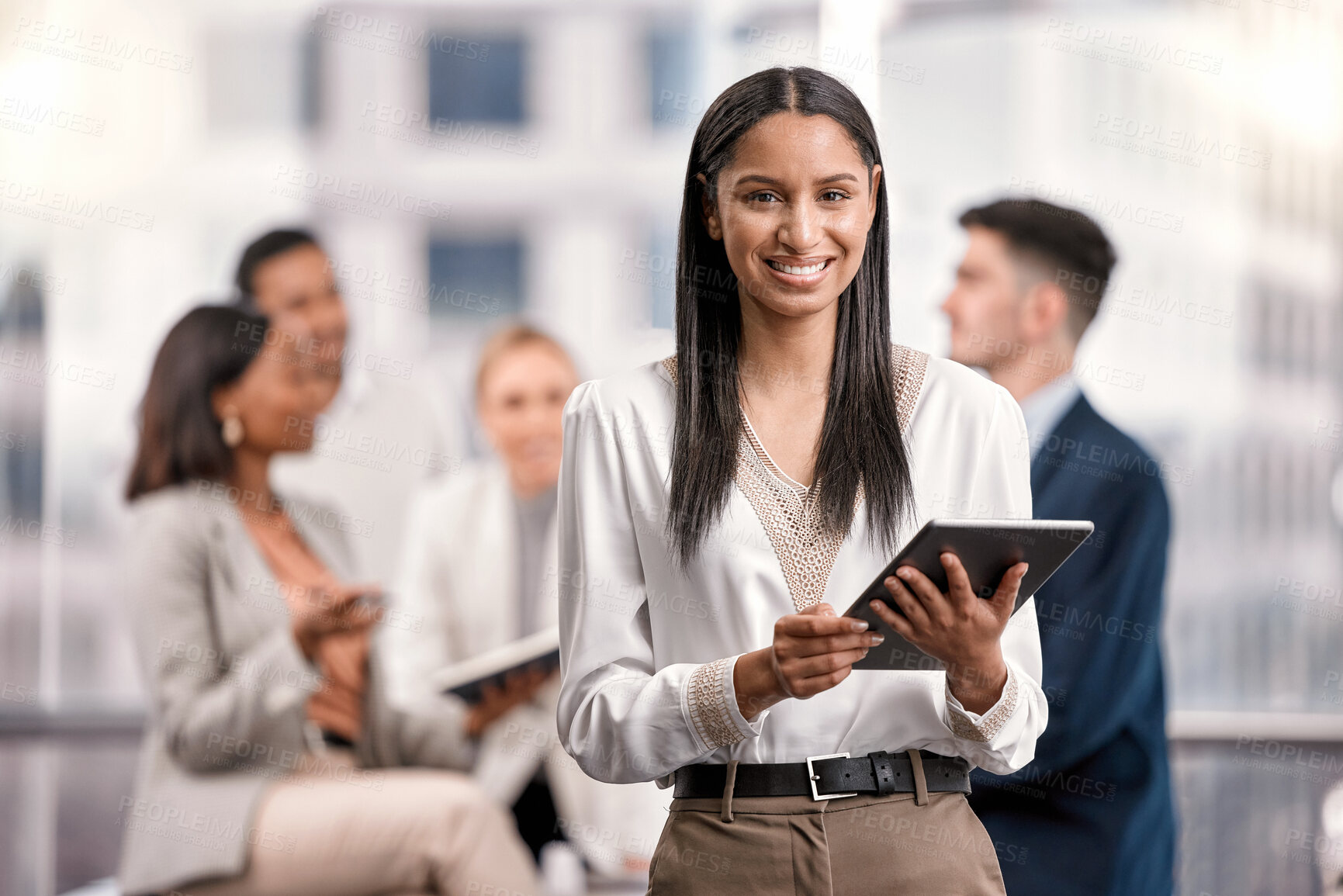 Buy stock photo Happy woman, leader and tablet outdoor for business with a smile for communication, networking and research. Portrait of female entrepreneur with tech, team and network connection for management