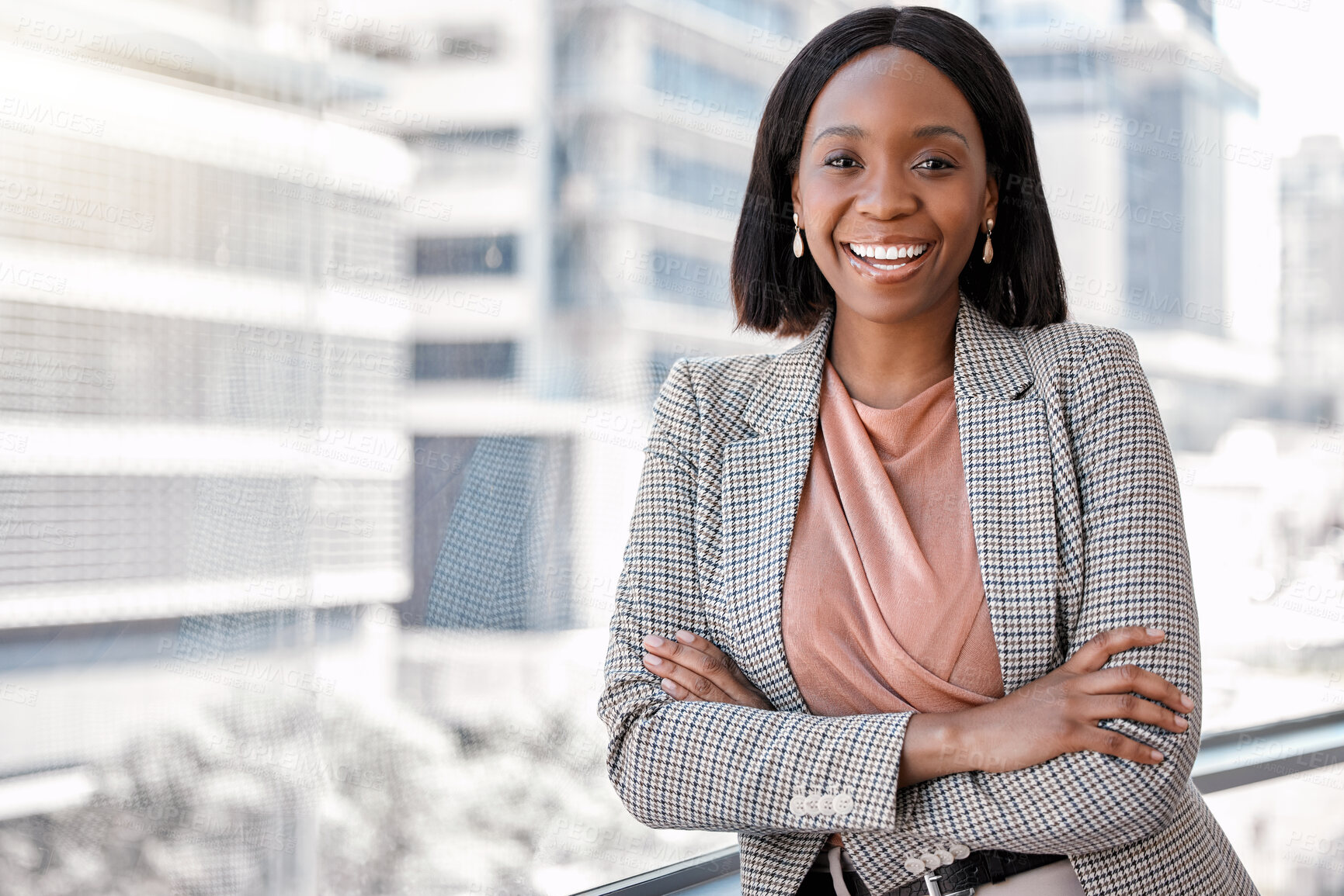 Buy stock photo Portrait, smile and business with black woman, arms crossed and happiness with confidence, financial advisor and career ambition. Face, city background or employee with investor, accounting or broker