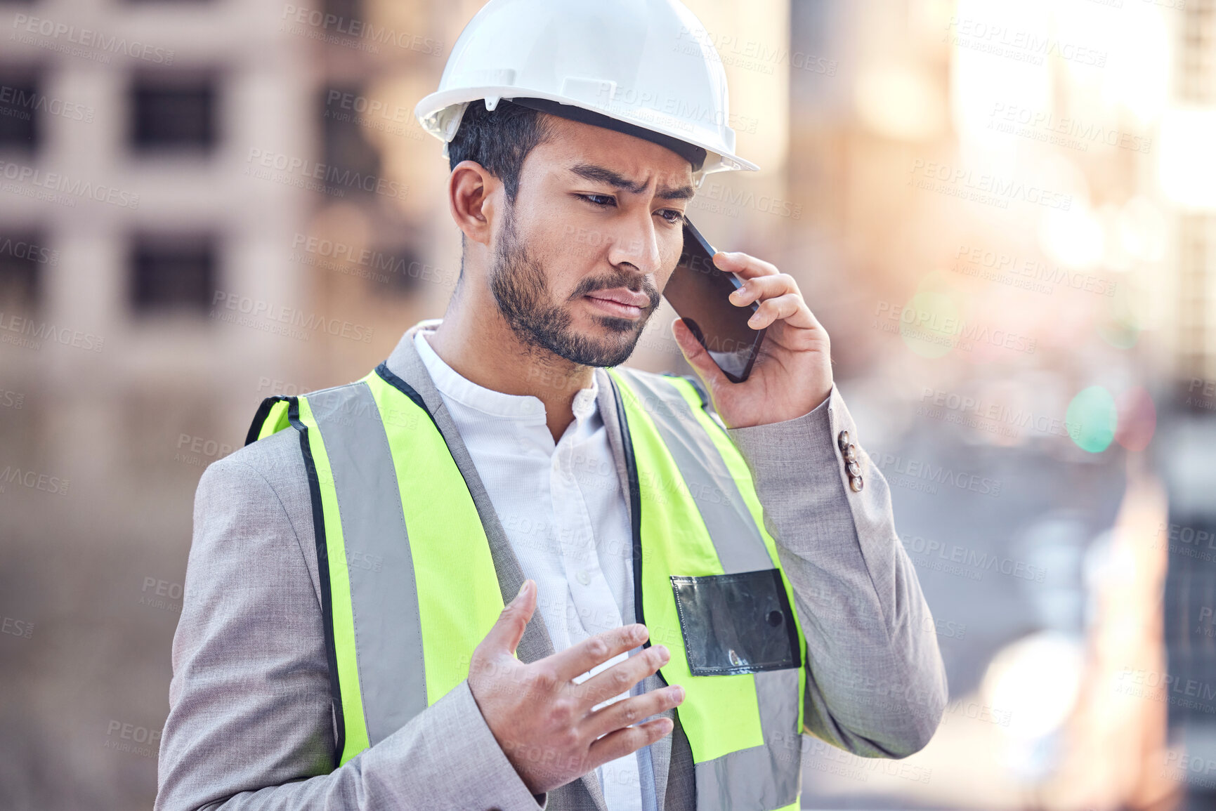 Buy stock photo Construction worker, man and phone call for engineering in city in helmet, stress or contact supplier for deal. Person, architect and smartphone for urban expansion for ideas, building or development