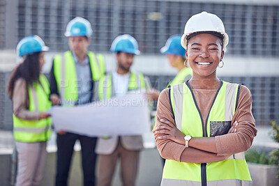 Buy stock photo Engineer, black woman or manager at construction site outdoor for civil engineering and architecture. Portrait of leader for gender equality with architect people and smile for city project success  