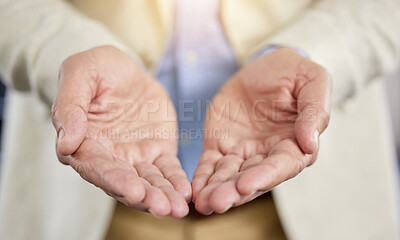Buy stock photo Cropped shot of an unrecognisable businessman standing alone with his hands open in a receiving gesture