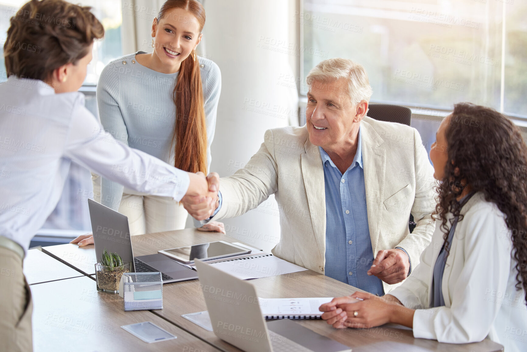 Buy stock photo Business people, handshake and meeting in accounting deal, investment or contract agreement at office. Senior broker, clients or b2b advisor shaking hands for negotiation success or job introduction