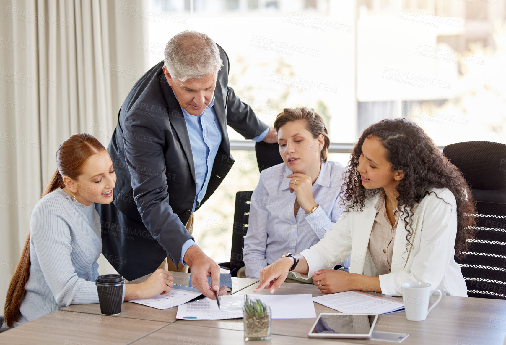 Buy stock photo Office, documents and business people in meeting for discussion, planning and ideas for project. Corporate, management, men and women with paperwork for teamwork, collaboration and feedback