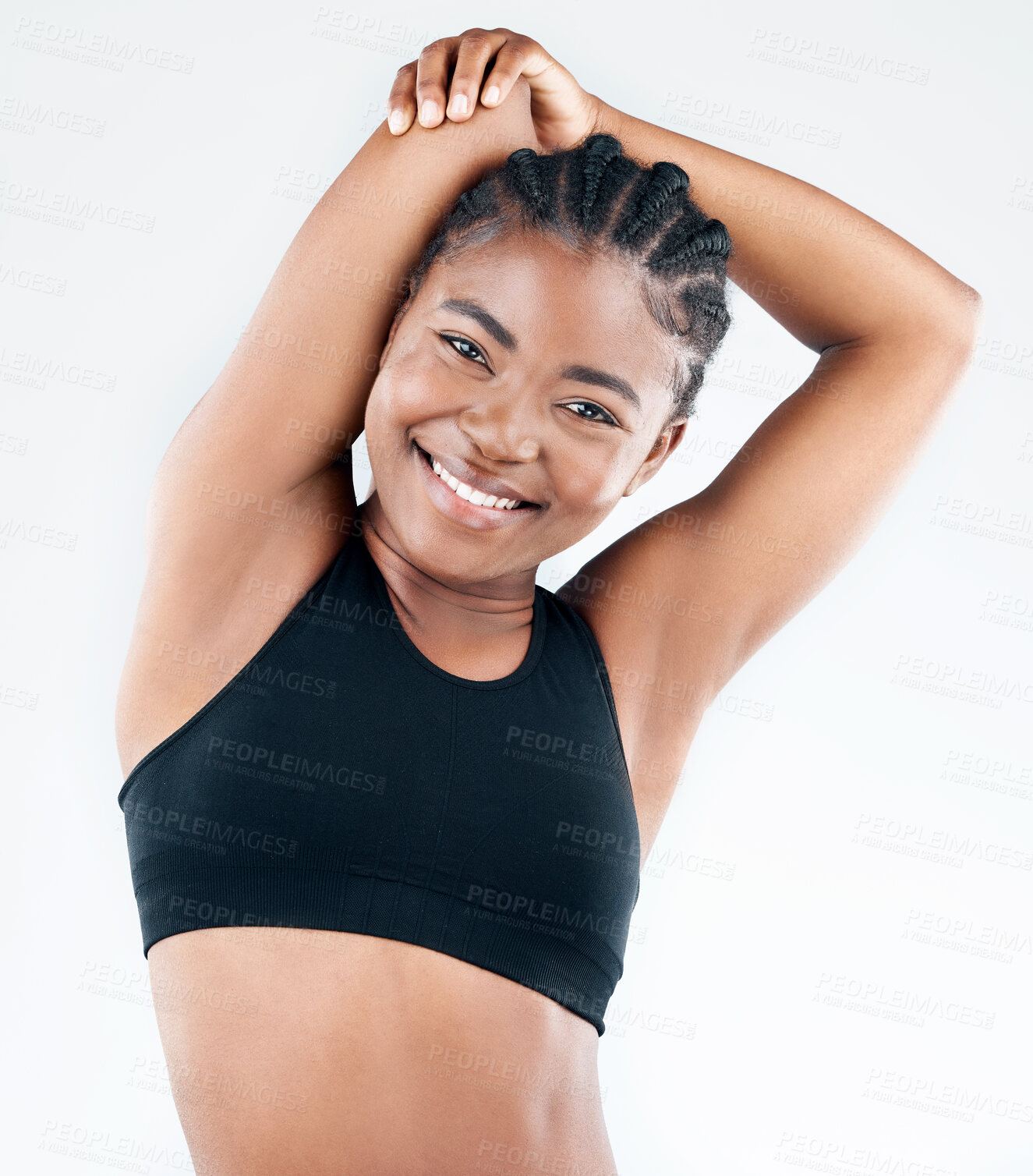 Buy stock photo Black girl, portrait and stretching arms in studio, warm up and prepare for workout on white background. Female person, flexibility and ready for training or exercise, athlete and relief to muscle