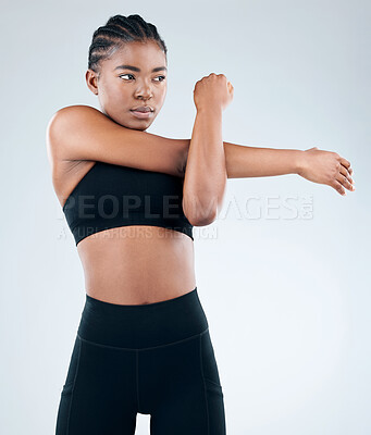 Buy stock photo Black girl, start and stretching arms in studio, warm up and prepare for workout on white background. Female person, flexibility and ready for training or exercise, athlete and relief to muscle