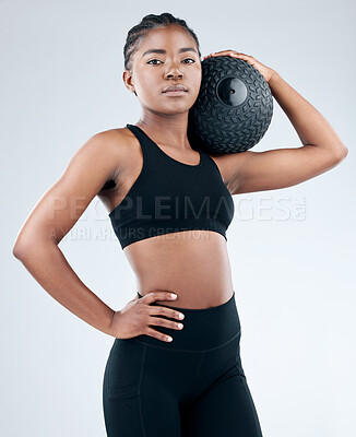 Buy stock photo Black girl, portrait and slam ball in studio, fitness and confident for workout on white background. Female person, exercise and strong bicep or power for training, athlete and pride for wellness