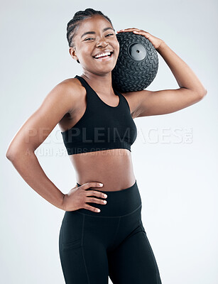 Buy stock photo Portrait, black woman and happy with slam ball in studio on white background for fitness or exercise and health. Female person, smile and confident with workout, progress and results for wellness