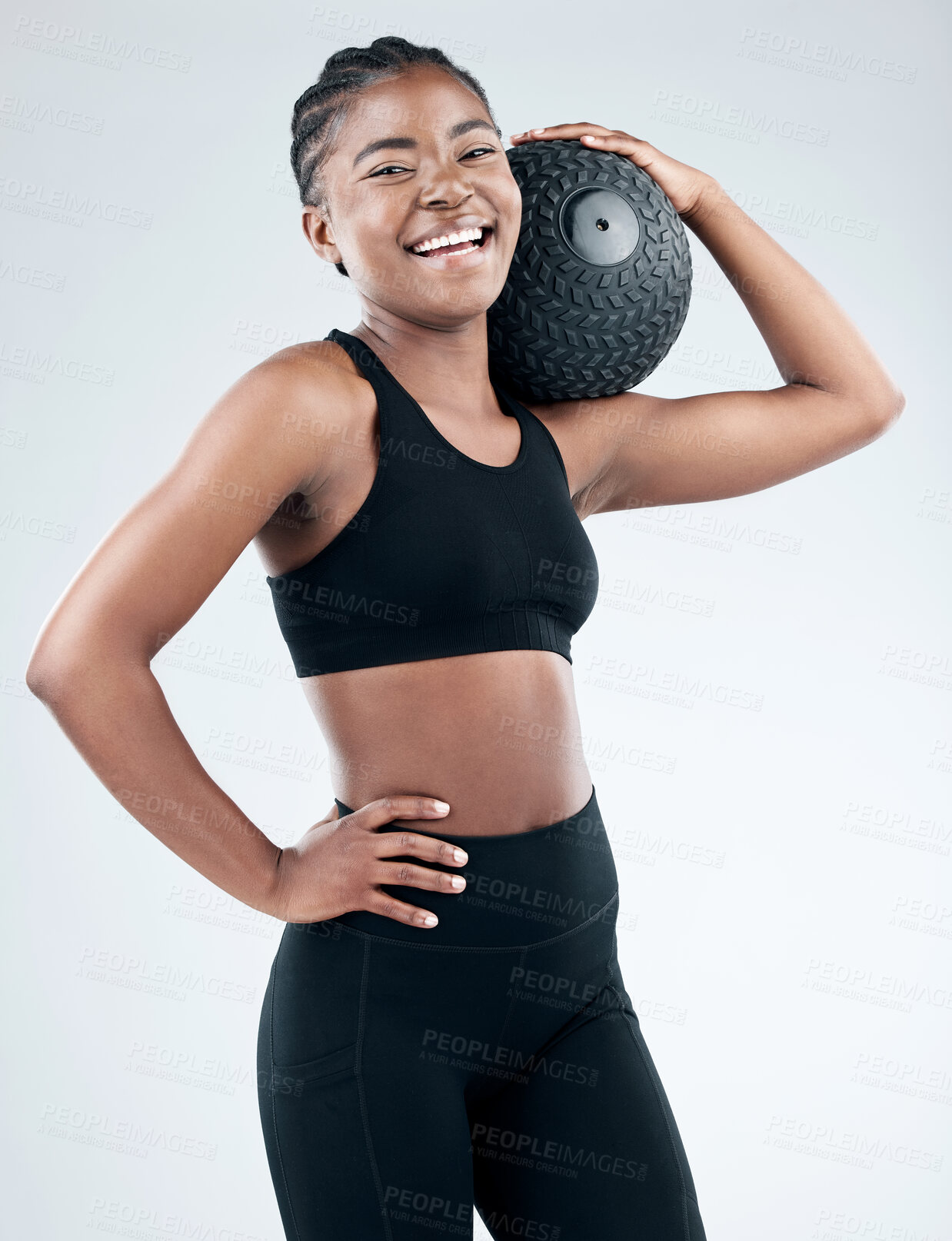 Buy stock photo Portrait, black woman and happy with slam ball in studio on white background for fitness or exercise and health. Female person, smile and confident with workout, progress and results for wellness