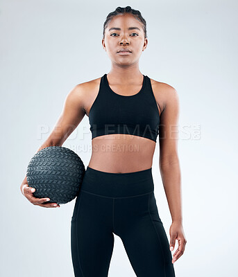 Buy stock photo Portrait, black woman and confident with slam ball in studio on white background for fitness or exercise and health. Female person, sportswear and self care with workout, progress and wellness