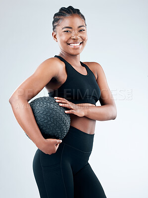 Buy stock photo Portrait, black woman and smile with slam ball in studio on white background for fitness or exercise and health. Female person, happy and confident with workout, progress and results for wellness