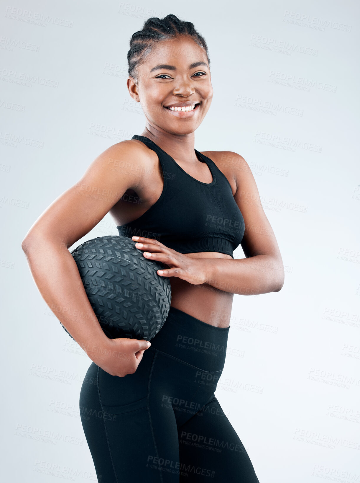 Buy stock photo Portrait, black woman and smile with slam ball in studio on white background for fitness or exercise and health. Female person, happy and confident with workout, progress and results for wellness