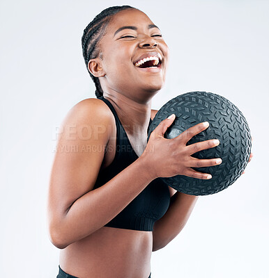 Buy stock photo Black woman, laugh and happy with slam ball in studio on white background for fitness or exercise and health. Female person, smile and confident with workout, progress and results for wellness