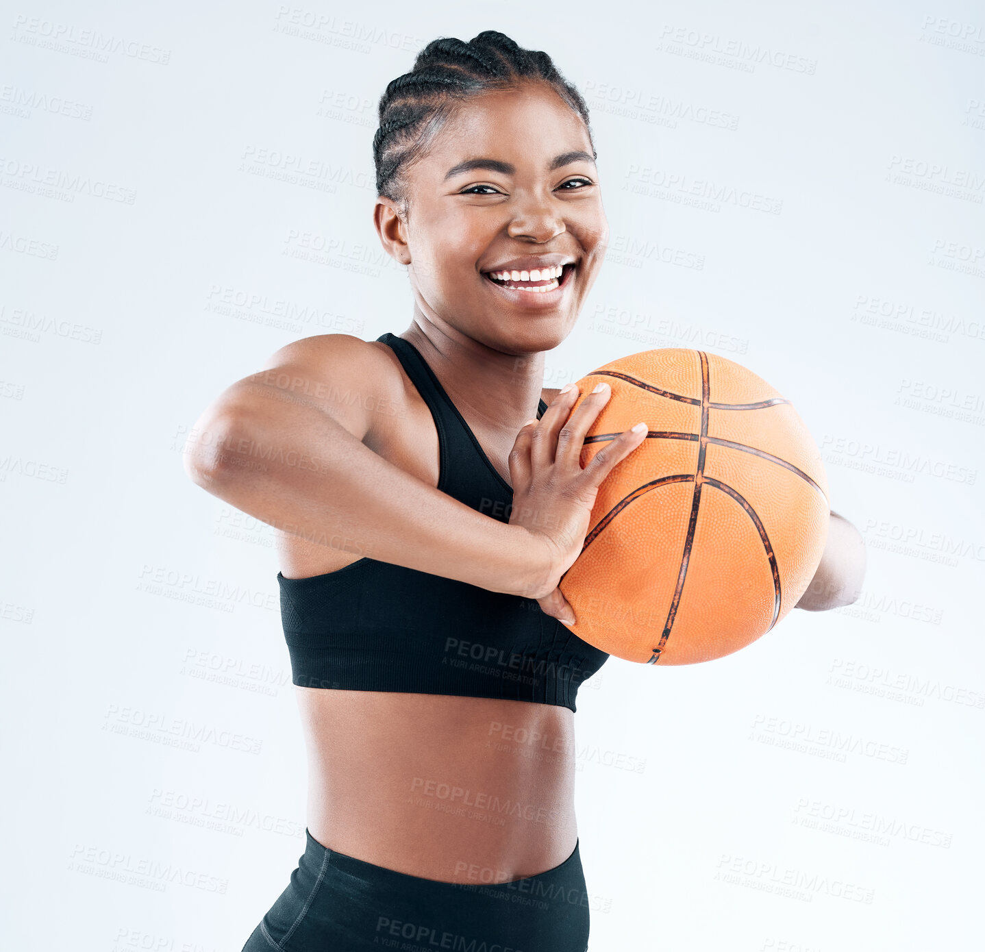 Buy stock photo Portrait, black woman and basketball in fitness, health and exercise in white background with happiness. African, girl and strong with excited for workout, training and sport as athlete in studio