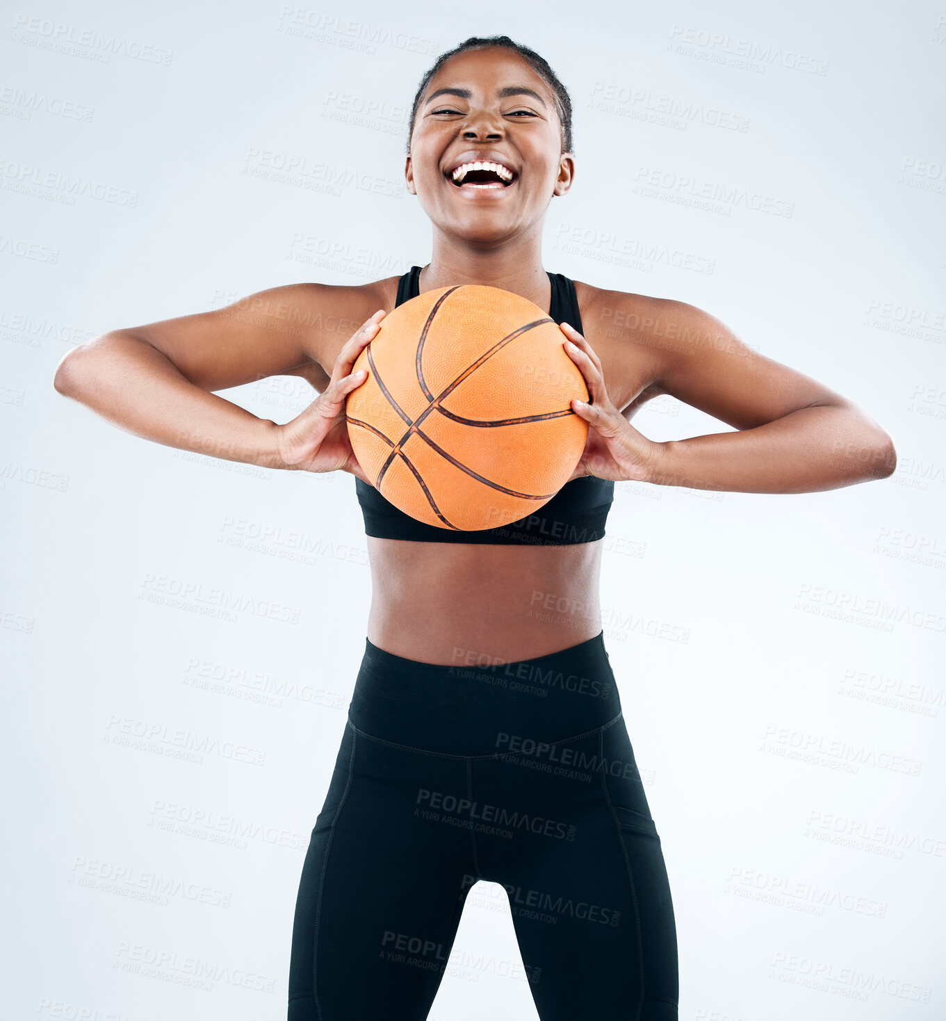 Buy stock photo Portrait, black woman and basket ball for health, fitness and exercise in white background with happiness. Female person, African and excited for workout, training or cardio as athlete in studio