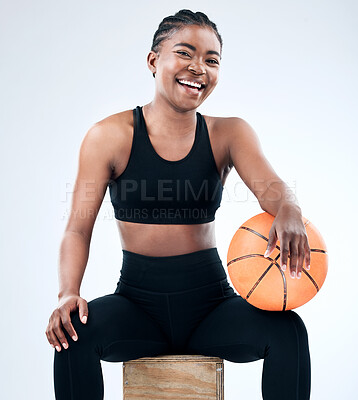 Buy stock photo Portrait, black woman and basket ball in sport, health or fitness in white background with happiness. African, female person and excited in workout, exercise or training as athlete in studio backdrop