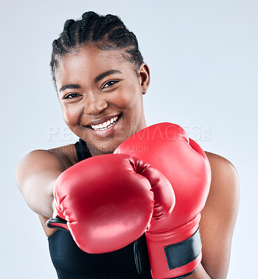 Buy stock photo Black girl, portrait and boxer for fight in studio, warrior and gloves for battle on white background. Female person, gear and mma practice or challenge, training and fitness for sports exercise