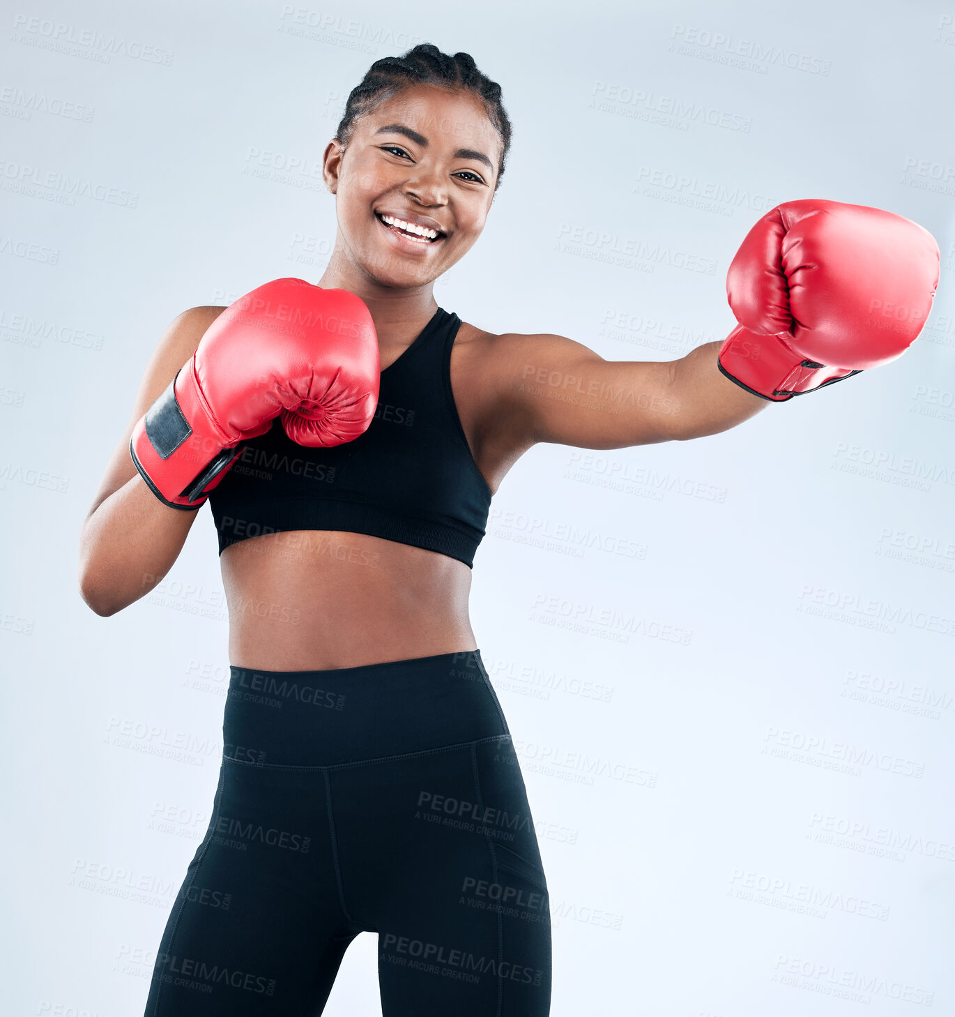 Buy stock photo Black woman, portrait and gloves for boxer in studio, warrior and ready for fight on white background. Female person, exercise and martial arts practice or challenge, training and fitness for battle