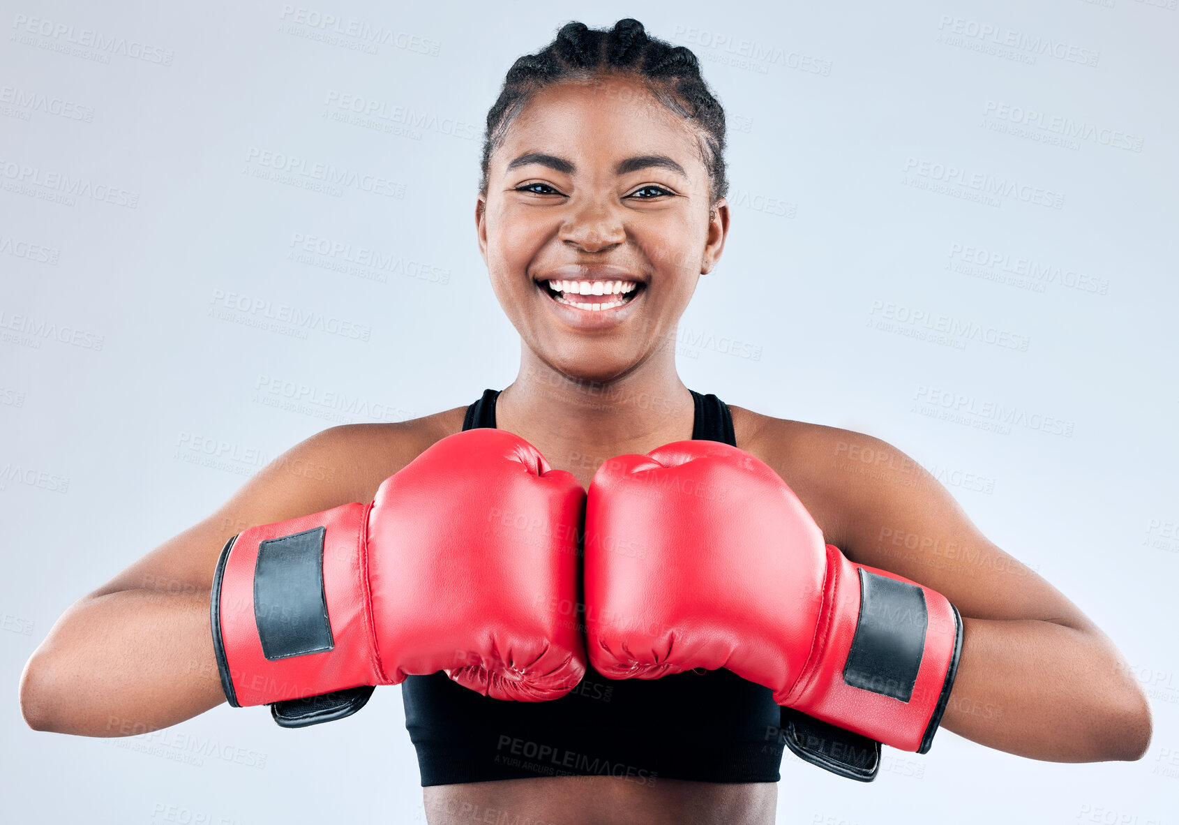 Buy stock photo Black girl, portrait and boxer for battle in studio, warrior and ready for fight on white background. Female person, impact and martial arts practice or challenge, training and fitness or exercise