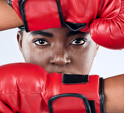 Buy stock photo Black girl, portrait and hands or boxing gloves in studio, warrior and exercise on white background. Female person, closeup and martial arts practice or challenge, training and fitness for battle