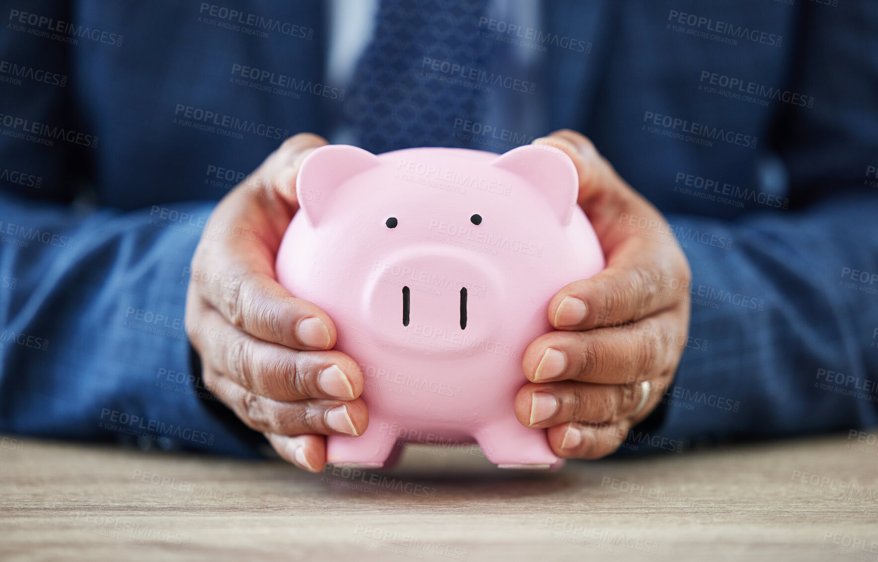 Buy stock photo Saving, hands and piggy bank for finance, office and planning with budget, investor and financial security. Worker, earnings and protection of funds for future, person and growth for retirement