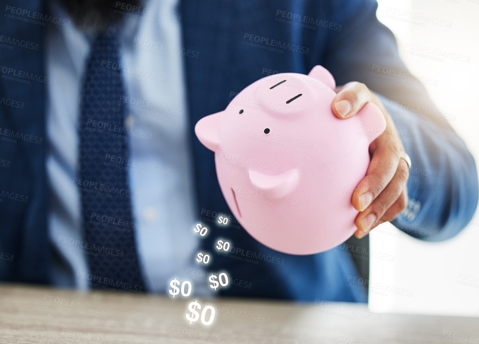 Buy stock photo Empty, fail and hands of businessman with piggy bank, no money or overlay for inflation in economy. Broke, financial loss and closeup of bankrupt banker with cash container for emergency or recession