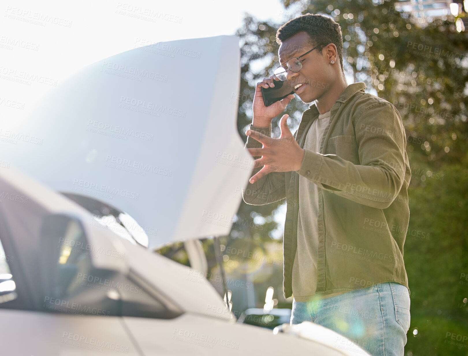 Buy stock photo Breakdown, car and phone call with black man outdoor to contact roadside assistance for emergency. Communication, insurance and travel with person talking on mobile to report accident or problem