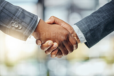 Buy stock photo Business people, handshake and meeting with agreement for teamwork, partnership or deal together at office. Closeup of employees, colleagues or coworkers shaking hands for thank you at workplace