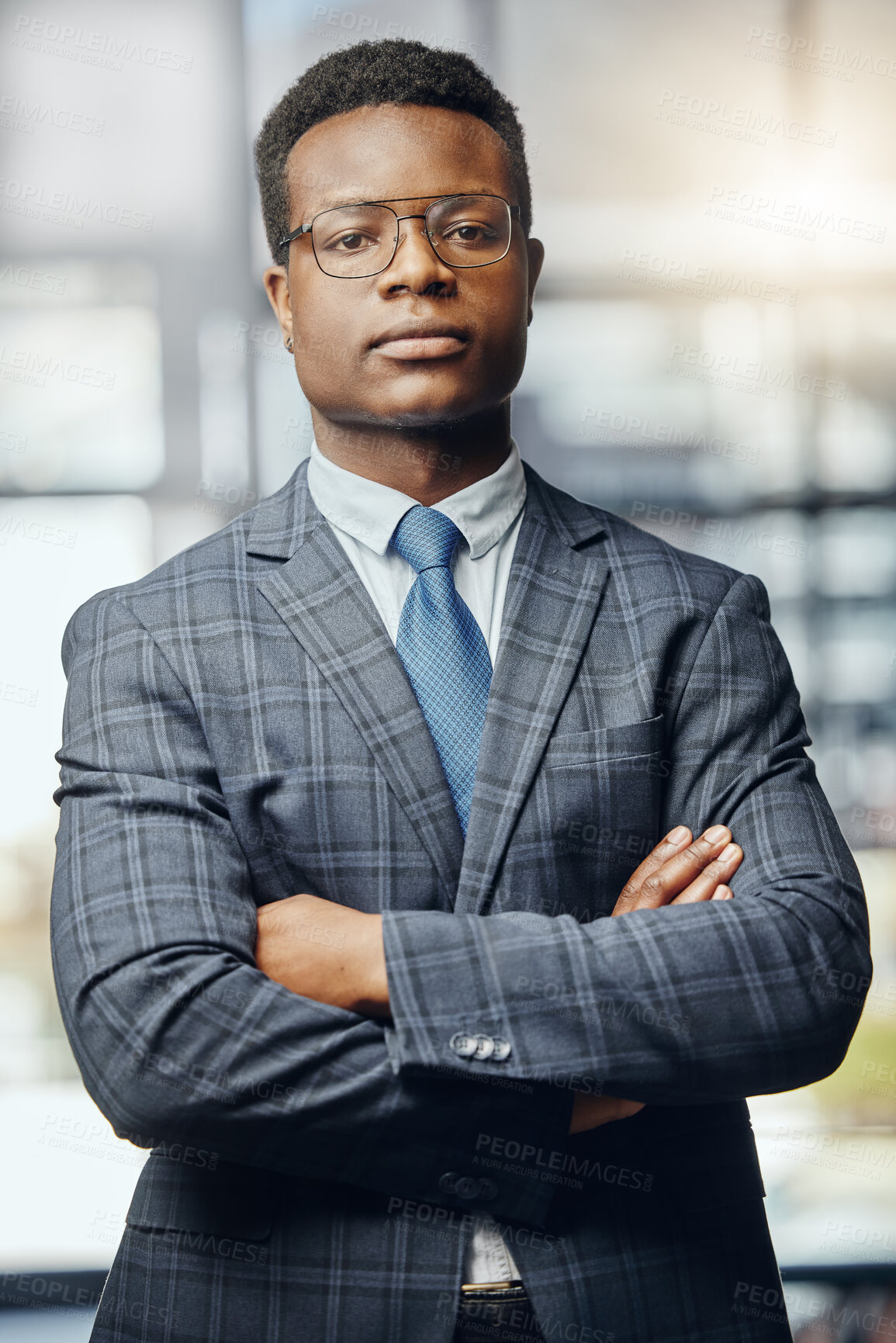 Buy stock photo Black man, portrait and lawyer with glasses in confidence for legal rights, professional firm or agency at office. Serious African advocate, male person or young attorney with arms crossed for law