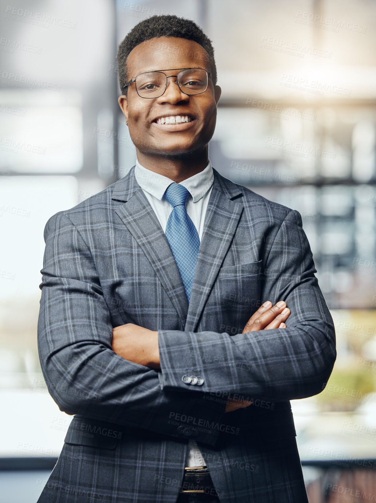 Buy stock photo Black man, lawyer and confident in office for portrait, career success and pride for growth. Attorney, arms crossed and happy in law firm for business, professional and ambition in legal industry