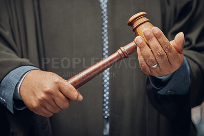 Buy stock photo Hands, judge and person with gavel for justice, law or sentence in courtroom. Hammer, legal system and closeup of lawyer or employee with judiciary tool for punishment, decision or rules enforcement