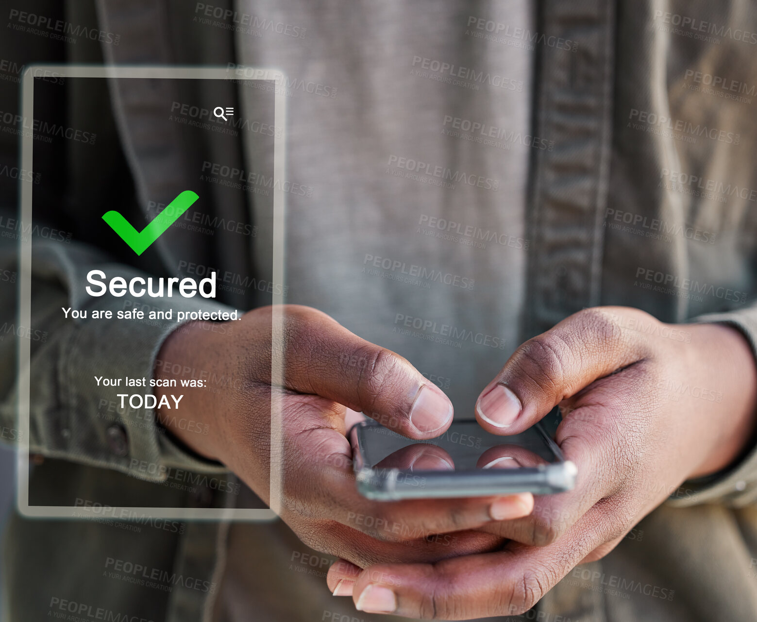 Buy stock photo Shot of an unrecognisable man using a smartphone to scan for threats